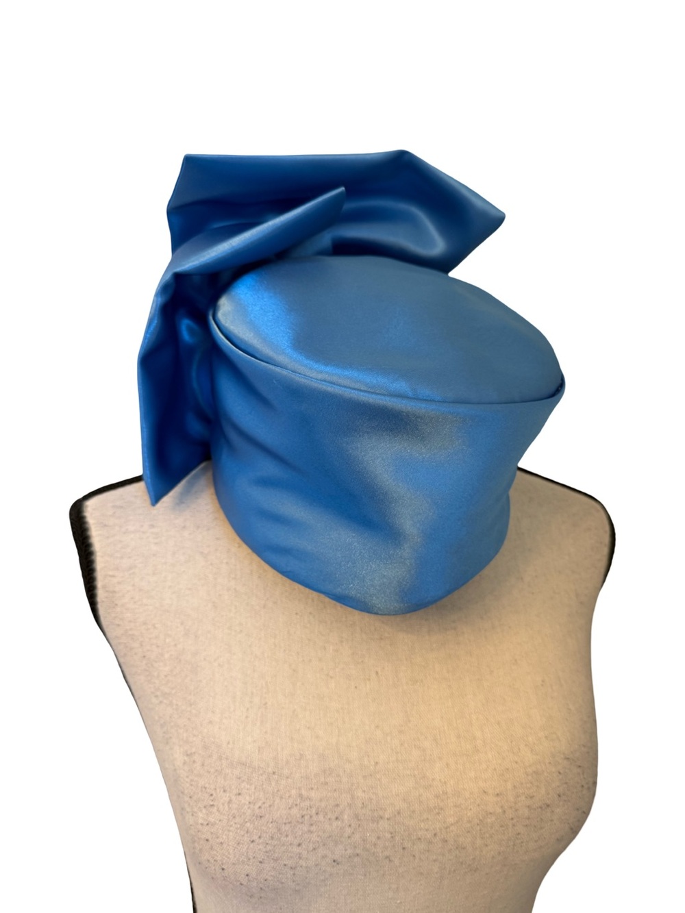 Vintage Blue Satin Pillbox Hat Bow Floral Accent Cocktail Church Fascinator 8”